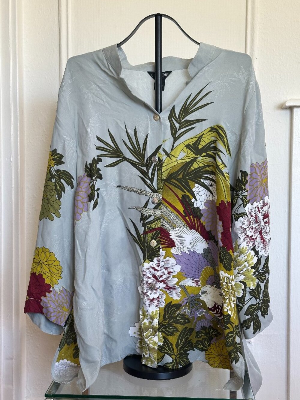 NWT Citron 100% Silk Blouse | Crane & Floral Print | Size 1X | $218 Retail